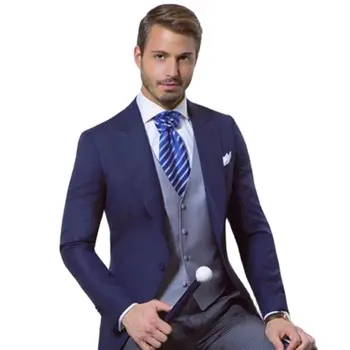 Po meri Narejene Modra Terno Ženina Tuxedos Groomsmen Kostum Homme Mens Poročno Obleko Slim Fit Moški Obleko ( Suknjič+hlače+telovnik+kravato)