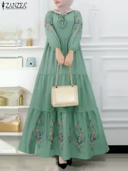 Elegantno Muslimansko Obleko ZANZEA Eid Mubarek Abaya Haljo Ženske Dolg Rokav Cvjetnim Natisne Maxi Sundress Moda Svoboden Skladu Vestidos