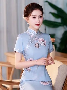 Eleganten Poletje Slim Svile Dolgo Cheongsam Uspešnosti modni brvi Banket Tradicionalna Kitajska Obleka, Večerna Obleka Qipao za Ženske