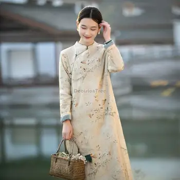 2024 jeseni, pozimi novi kitajski slog svoboden toplo natisnjeni cheongsam obleko čaj umetnosti zgosti qipao obleka komplet orientalski qipao a796