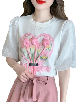 Tulip Kratkimi Rokavi T-shirt Ženske Edinstveno Vrhu korejski Elegantna Moda