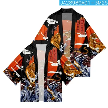 Vintage Japonski Haori Tiger Val Natisnjeni Kimono Moški Ženske Jopico Samurai Haljo Črne Obleke Poletje Yukata