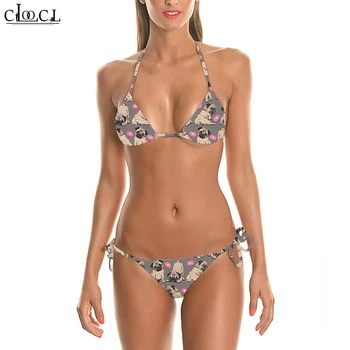CLOOCL Seksi Srčkan Bikini Kopalke 3D Tiskanja Risanka Pugs Živali Plaži Ženske Trakov Nizko, Plavanje Obleko za Ženske Bikini Komplet