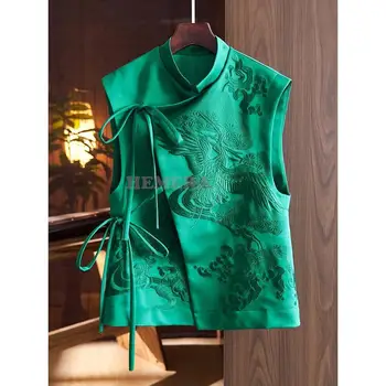 Kitajski Slog Top Ženske Tang Oblačila, Vezenje Phoenix Cvet Qipao Lady Mandarin Ovratnik Telovnik Vintage Oblačila, Casual Wear