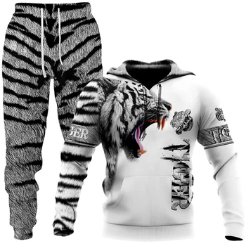 Moške jeseni in pozimi živali tiger 3D tiskanje priložnostne hooded Majica sweatpants 2-kos kapičastih pulover, hlače Šport