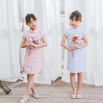 Otrok je izboljšalo cheongsam krilo kariran roza modra cheongsam Tang bo ustrezala Kitajski slog otrok nositi obleko Hanfu qipao obleko