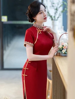 Eleganten Poletje Dolgo Slim Svile Rdeče Cheongsam modni brvi Banket Stranka Večerno Obleko Tradicionalna Kitajska Obleka Qipao za Ženske