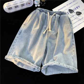 Poletne Moške Priložnostne Jeans Hlače Preprosto Vrvico Koleno Dolžina Denim Kratke Hlace Črno Modra Bermuda za Moške