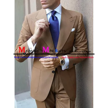 Klasični Poslovni Rjava Moških Obleko Zadnji Plašč, Hlače Design Jeseni Mode Trdna Slim Poroko 2 Kosa (Blazer+Hlače) Kostum Homme