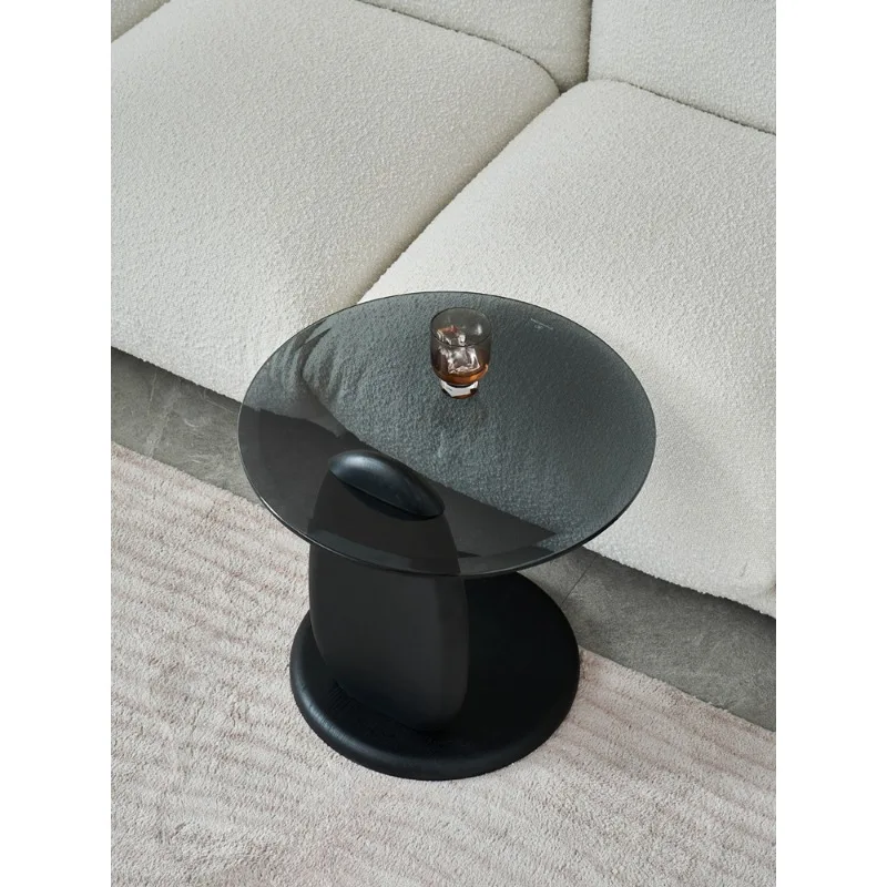 Črna okrogla, beli vosek, les, kaljeno steklo rob tabele | High end kavč mizo v kotu oblikovalec C-oblikovan rob mize