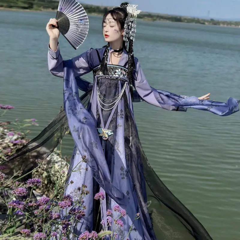 Črna vijolična Tang Dinastije Hanfu ženski Gufeng prsih-dolžina ruqun vezenje dnevno poletje tanke Kitajski slog hanfu feminino هانفو