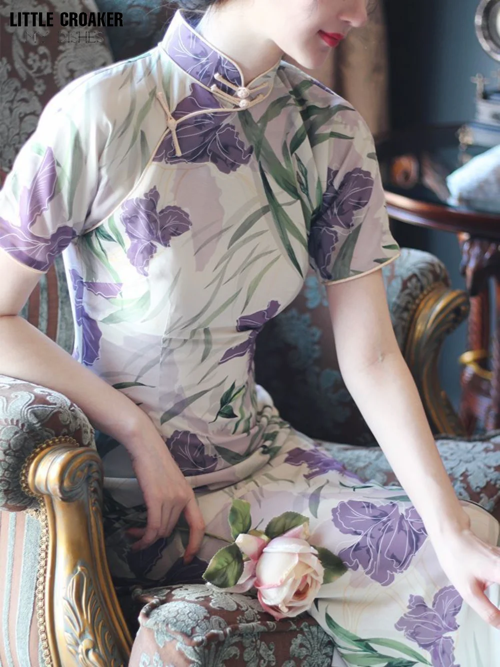 Ženske Cvjetnim Tiskanja Izboljšala Qipao Obleko Jeseni Novi Kitajski Retro Republikanski Slog Slim Kratek Rokav Dolgo Belo Obleko Cheongsam