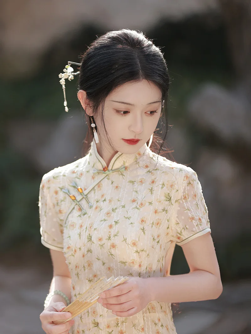 Ženske Klasične Cvet Tiskanja Cheongsam Seksi Kitajski Tradicionalni Trgatev Mandarin Ovratnik Qipao