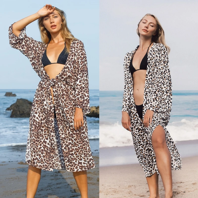 Ženske na Plaži Rajon Kopalke prikriti Strani Split Leopard Tiskanja Kimono Jopico D5QD